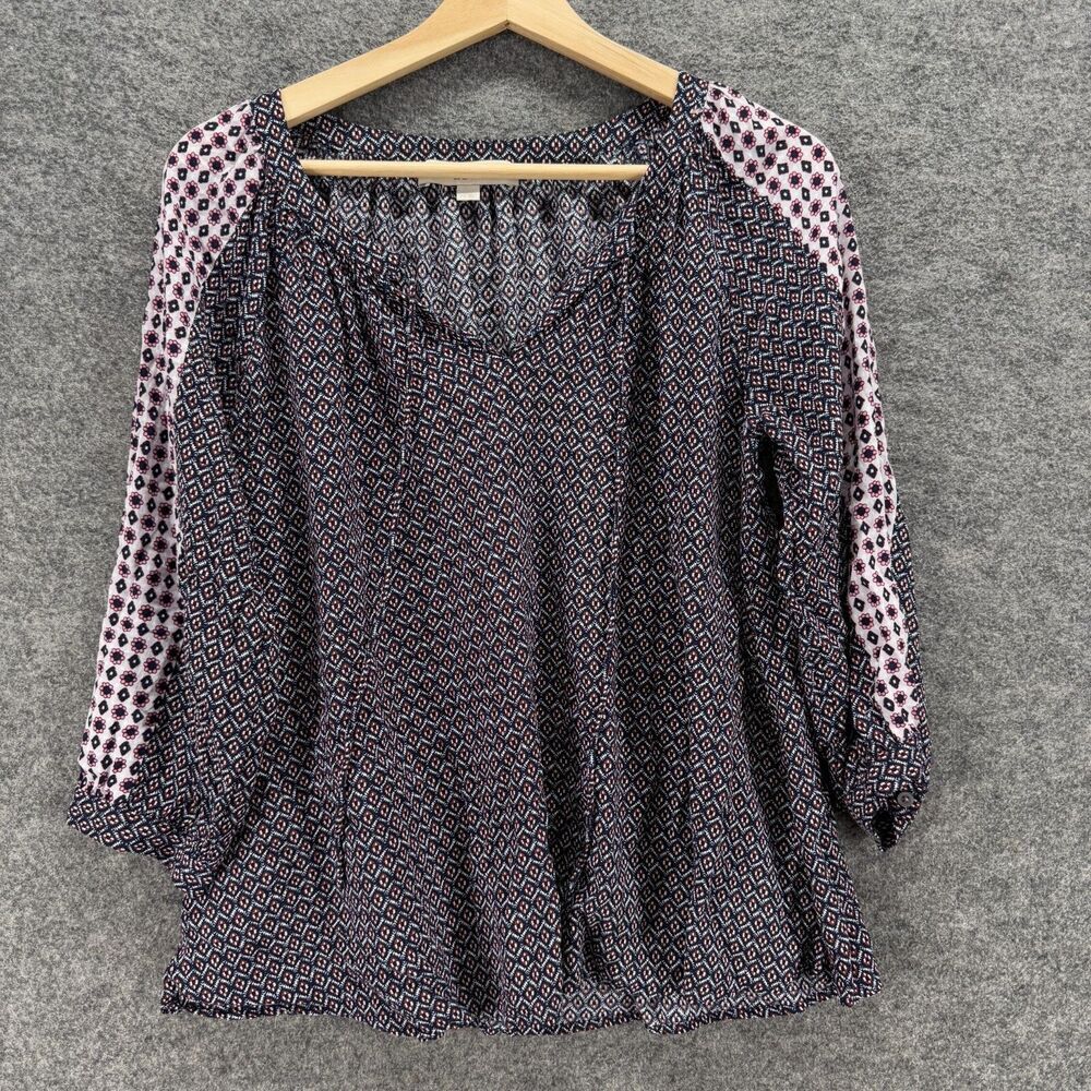 Loft Blouse Women XS Black Geometric V-Neck Tasseled Long Sleeve Rayon Casual